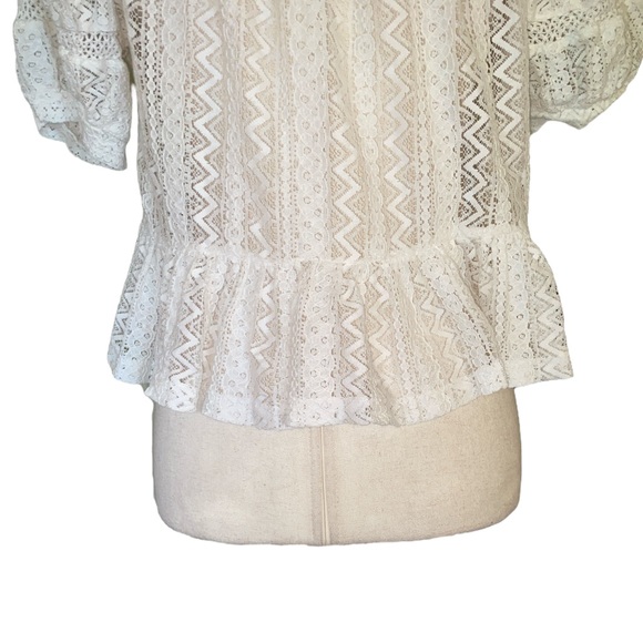 Mango MNG White Eyelet Lace Smocked Ruffle Tie Front Tassel Cropped Blouse - XS - Picture 8 of 9